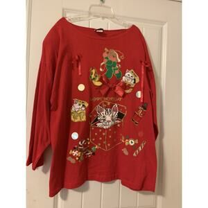 Sweet Blondie red christmas themed blouse shirt kitty bear made in US VTG 1X